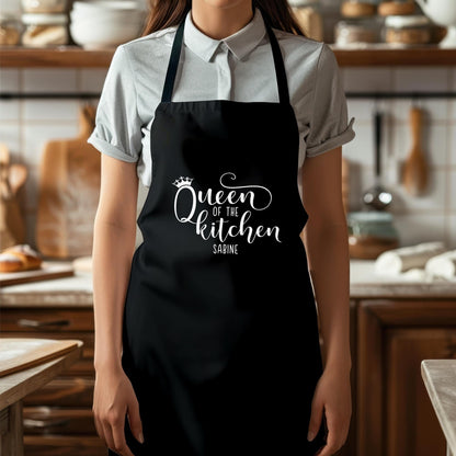 Schürze Damen personalisiert Kochschürze für Frauen lustiges Geschenk "Queen of the kitchen" Küchenschürze Backschürze Schwarz