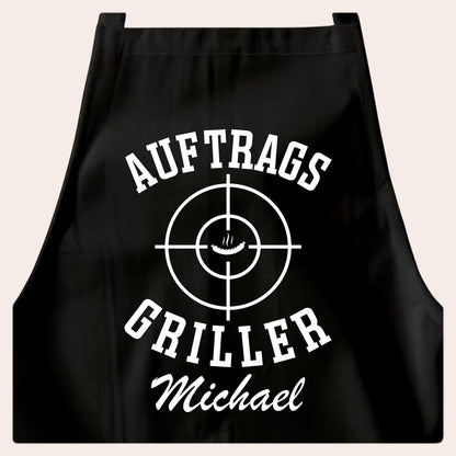 Auftragsgriller Grillschürze Mann personalisiert Kochschürze Herren lustiges Grillzubehör Geschenk Grillgeschenk Männer Schürze Schwarz