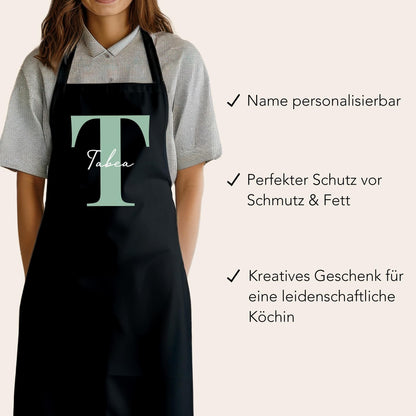Kochschürze Damen Schürze personalisiert Geschenk für Mama Oma Frauen Küchenschürze Buchstabe Überwurfschürze Backschürze Schwarz