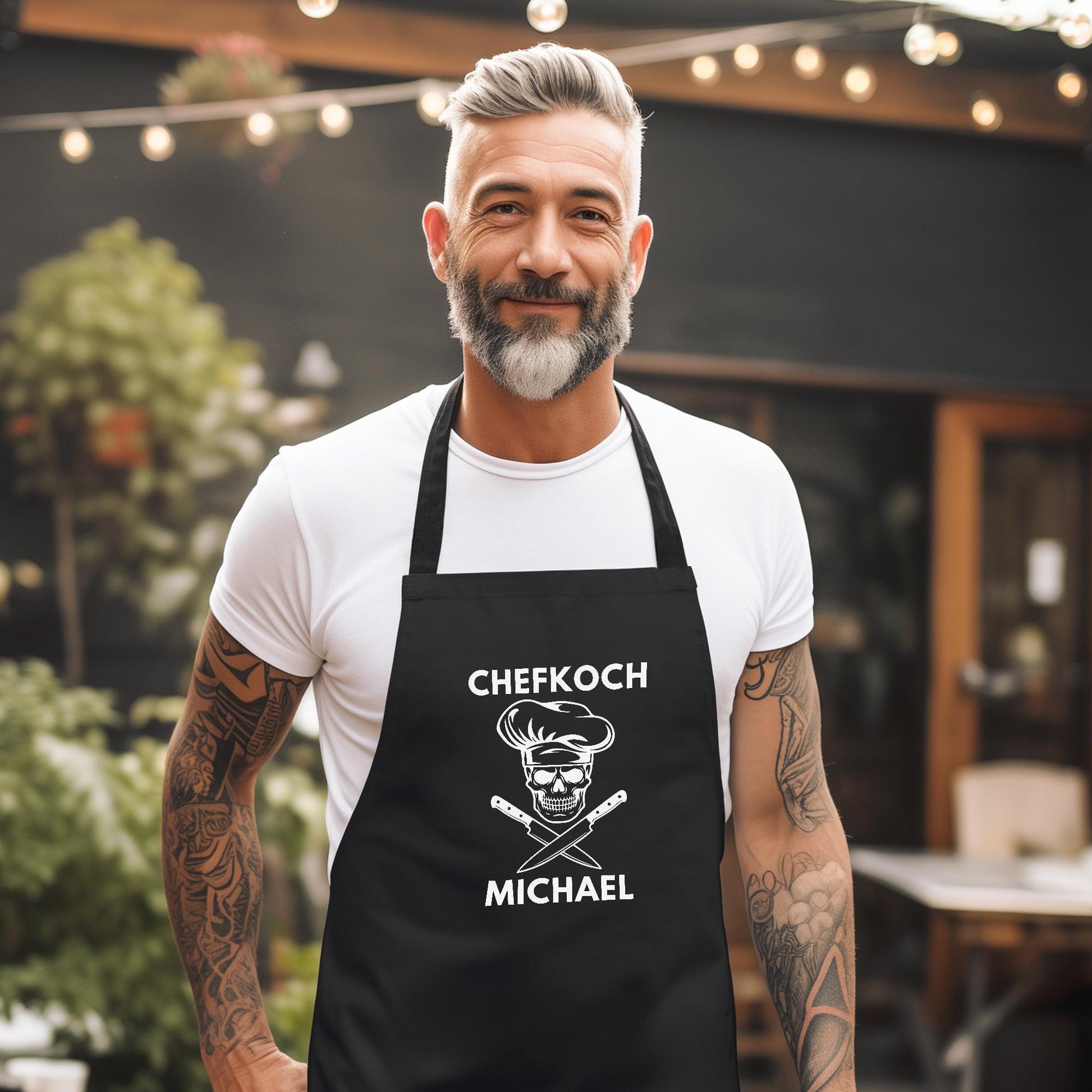 Chefkoch Kochschürze Mann Schürze personalisiert Küchenschürze Männer Geschenk Koch Grillschürze Schwarz