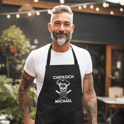 Chefkoch Kochschürze Mann Schürze personalisiert Küchenschürze Männer Geschenk Koch Grillschürze Schwarz