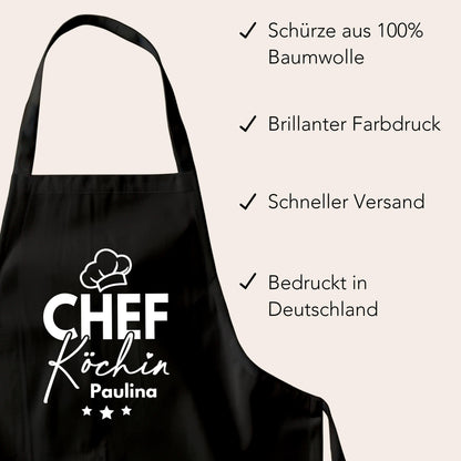 Schürze Damen personalisiert Kochschürze für Frauen lustiges Geschenk Chefköchin Köchin Küchenschürze Backschürze Schwarz