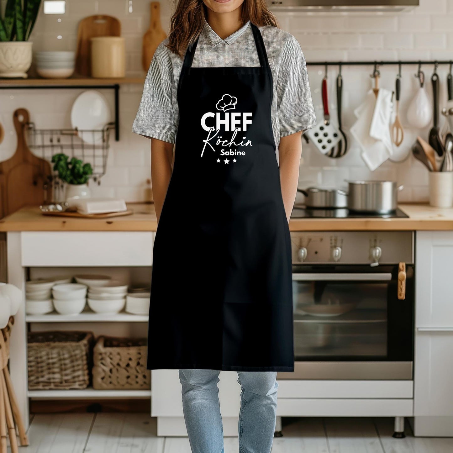 Schürze Damen personalisiert Kochschürze für Frauen lustiges Geschenk Chefköchin Köchin Küchenschürze Backschürze Schwarz