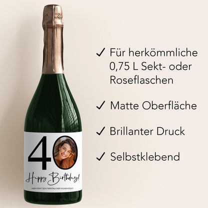 40. Geburtstag Sektetiketten personalisiert Foto Sekt Flaschenetiketten Geburtstagsgeschenk Geschenk Sektflasche Etiketten 2 Stk. | 10x12 cm