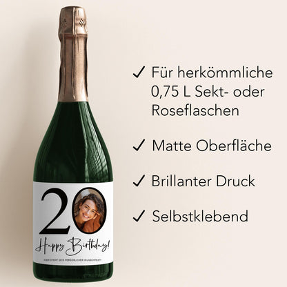 20. Geburtstag Sektetiketten personalisiert Foto Sekt Flaschenetiketten Geburtstagsgeschenk Geschenk Sektflasche Etiketten 2 Stk. | 10x12 cm