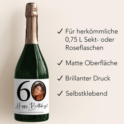 60. Geburtstag Sektetiketten personalisiert Foto Sekt Flaschenetiketten Geburtstagsgeschenk Geschenk Sektflasche Etiketten 2 Stk. | 10x12 cm