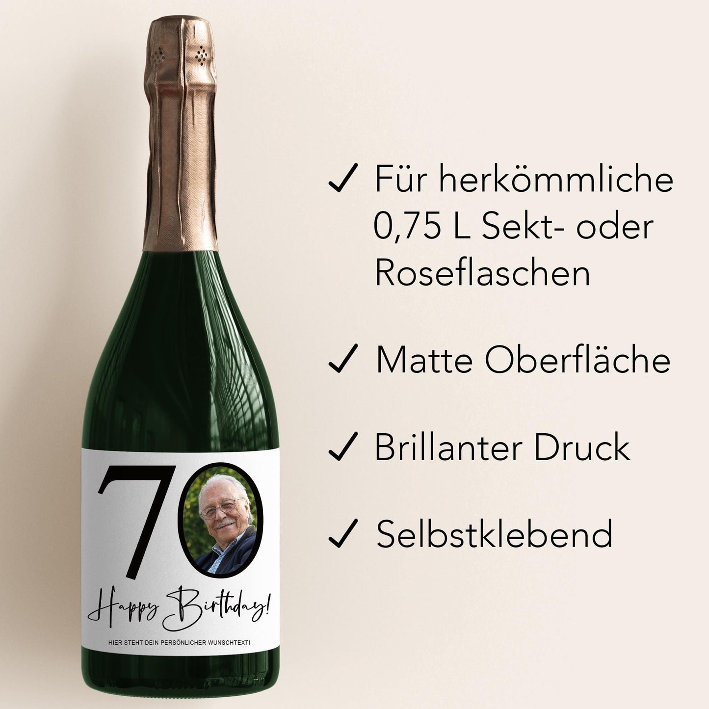 70. Geburtstag Sektetiketten personalisiert Foto Sekt Flaschenetiketten Geburtstagsgeschenk Geschenk Sektflasche Etiketten 2 Stk. | 10x12 cm