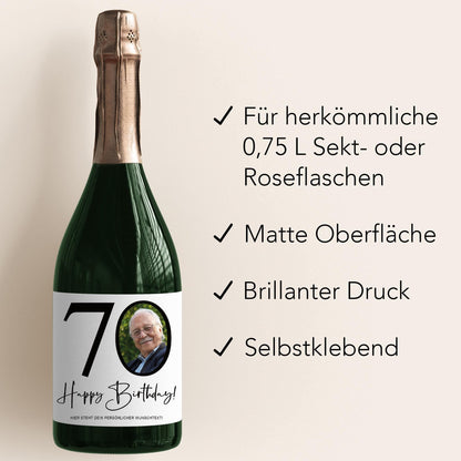 70. Geburtstag Sektetiketten personalisiert Foto Sekt Flaschenetiketten Geburtstagsgeschenk Geschenk Sektflasche Etiketten 2 Stk. | 10x12 cm