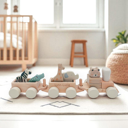 Holzzug mit Namen personalisiert Holzeisenbahn Geburt Geburtsgeschenk Jungen Mädchen Zug aus Holz Baby Geschenk Holzspielzeug