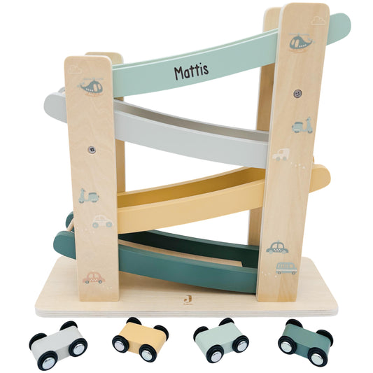 Kugelbahn Holz mit Autos personalisiert Autorampe Baby Geschenk Babygeschenk Taufgeschenk für Mädchen Jungen Geburtsgeschenk