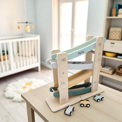 Kugelbahn Holz mit Autos personalisiert Autorampe Baby Geschenk Babygeschenk Taufgeschenk für Mädchen Jungen Geburtsgeschenk
