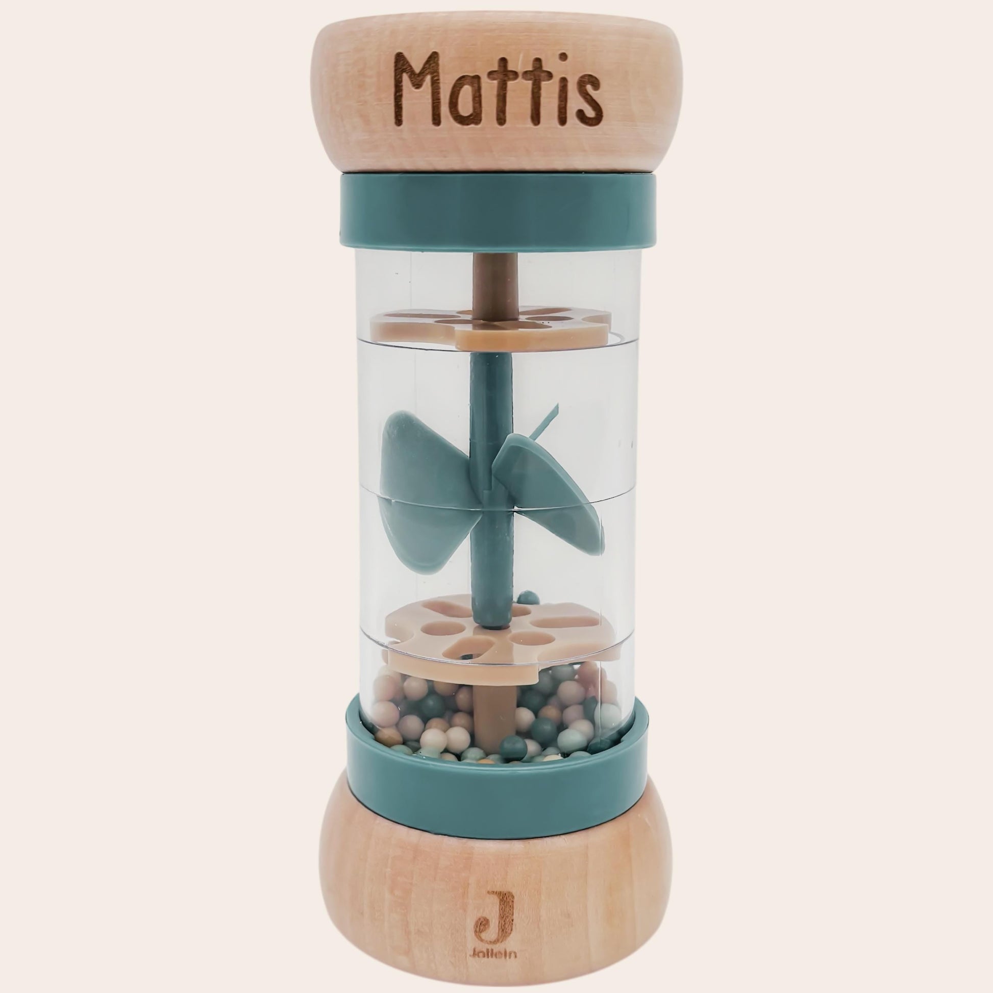 Rassel personalisiert Baby Regenmacher mit Namen Babyspielzeug ab 3 Monate Taufgeschenk für Jungen Babyrassel Geburtsgeschenk (Grün)