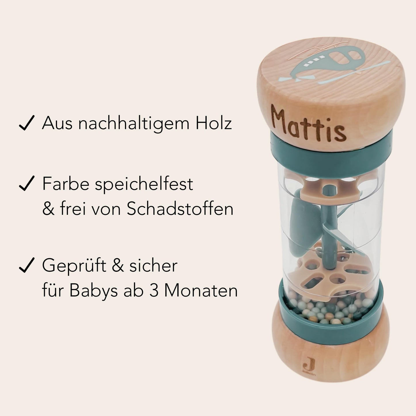 Rassel personalisiert Baby Regenmacher mit Namen Babyspielzeug ab 3 Monate Taufgeschenk für Jungen Babyrassel Geburtsgeschenk (Grün)