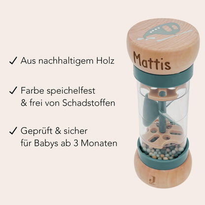 Rassel personalisiert Baby Regenmacher mit Namen Babyspielzeug ab 3 Monate Taufgeschenk für Jungen Babyrassel Geburtsgeschenk (Grün)