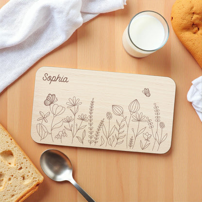 Frühstücksbrettchen Mädchen personalisiert Holzbrett für Kinder Holz Geschenk Baby Wildblumen Holzbrettchen Brettchen Frühstücksbrett