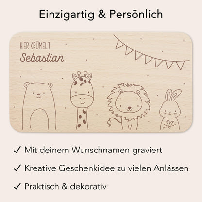 Frühstücksbrettchen personalisiert Hier krümelt Brettchen Holz Holzbrett für Kinder Geschenk Baby Geburtsgeschenk Frühstücksbrett mit Gravur