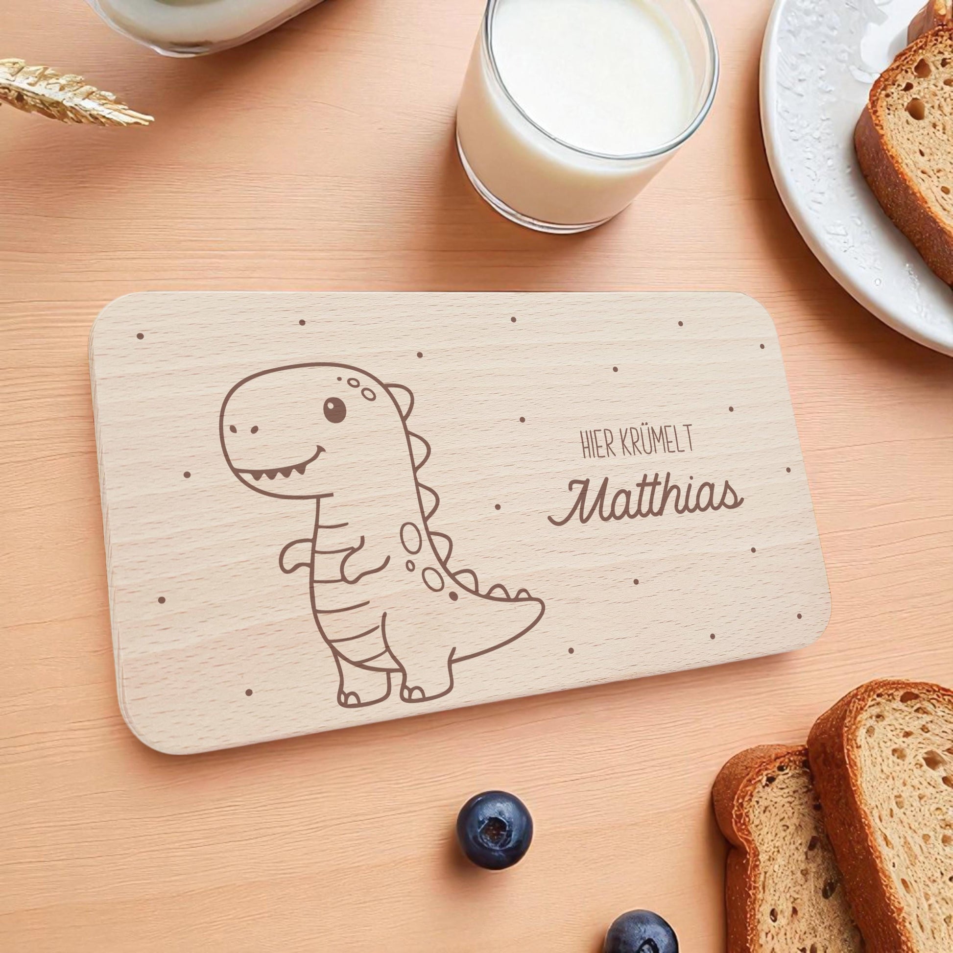 Frühstücksbrettchen Dino personalisiert Dinosaurier Holzbrett für Jungen Geschenk Baby Taufgeschenk Holzbrettchen Frühstücksbrett mit Gravur