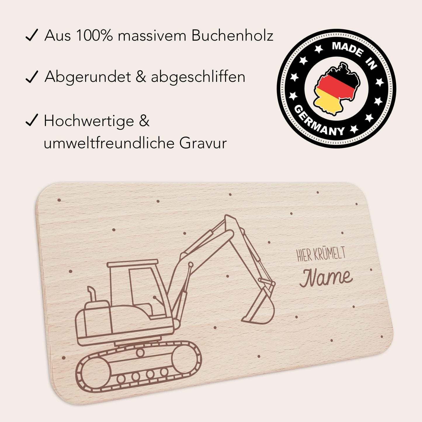 Frühstücksbrettchen Bagger Holz personalisiert Holzbrett für Jungen Geschenk Baby Holzbrettchen Brettchen Frühstücksbrett mit Gravur