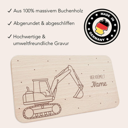 Frühstücksbrettchen Bagger Holz personalisiert Holzbrett für Jungen Geschenk Baby Holzbrettchen Brettchen Frühstücksbrett mit Gravur