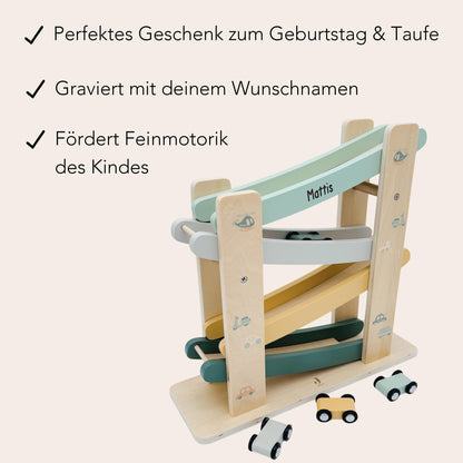 Kugelbahn Holz mit Autos personalisiert Autorampe Baby Geschenk Babygeschenk Taufgeschenk für Mädchen Jungen Geburtsgeschenk