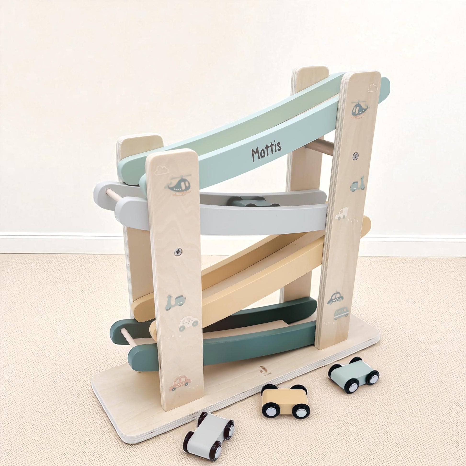 Kugelbahn Holz mit Autos personalisiert Autorampe Baby Geschenk Babygeschenk Taufgeschenk für Mädchen Jungen Geburtsgeschenk