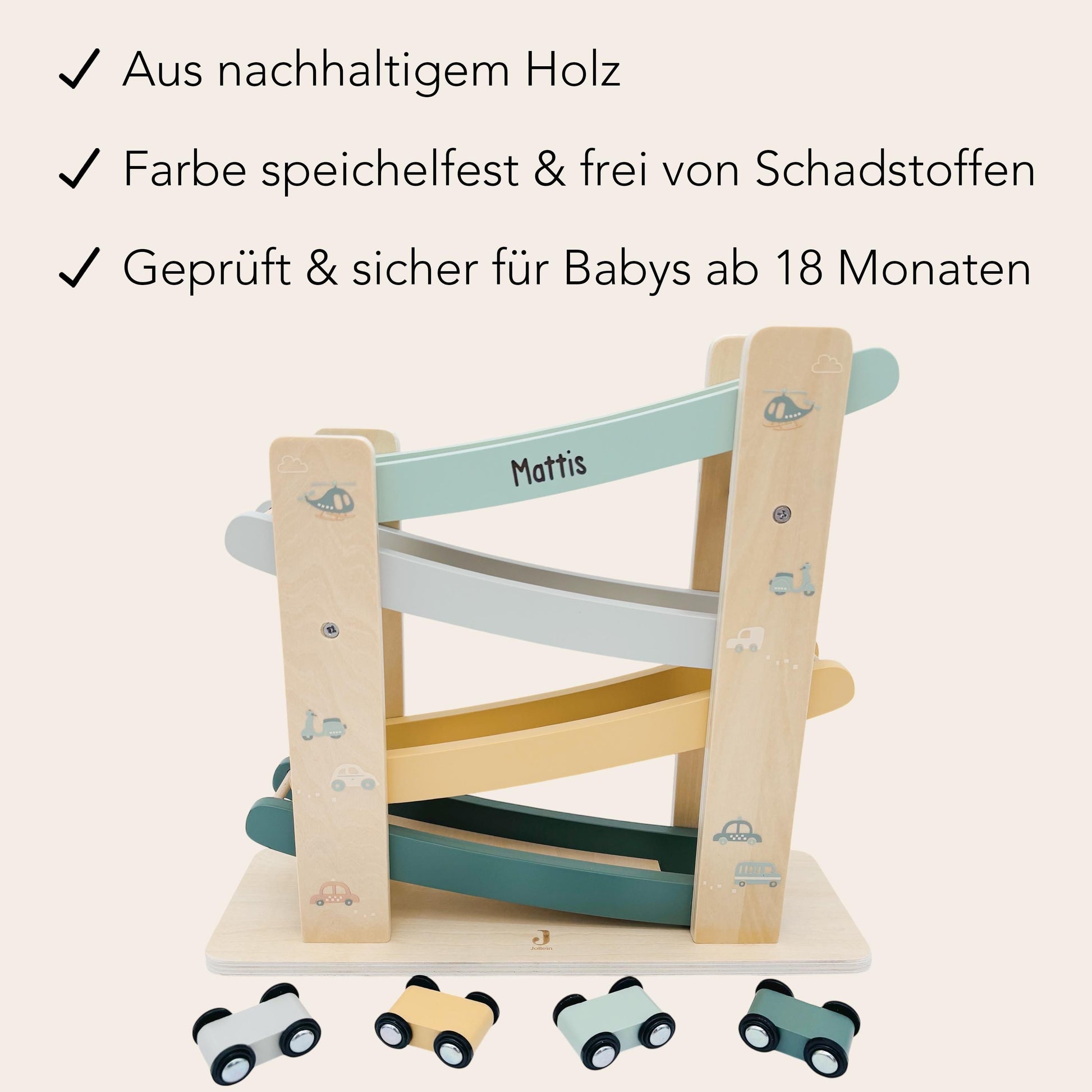 Kugelbahn Holz mit Autos personalisiert Autorampe Baby Geschenk Babygeschenk Taufgeschenk für Mädchen Jungen Geburtsgeschenk