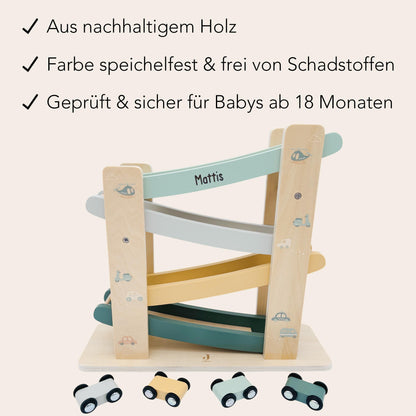 Kugelbahn Holz mit Autos personalisiert Autorampe Baby Geschenk Babygeschenk Taufgeschenk für Mädchen Jungen Geburtsgeschenk