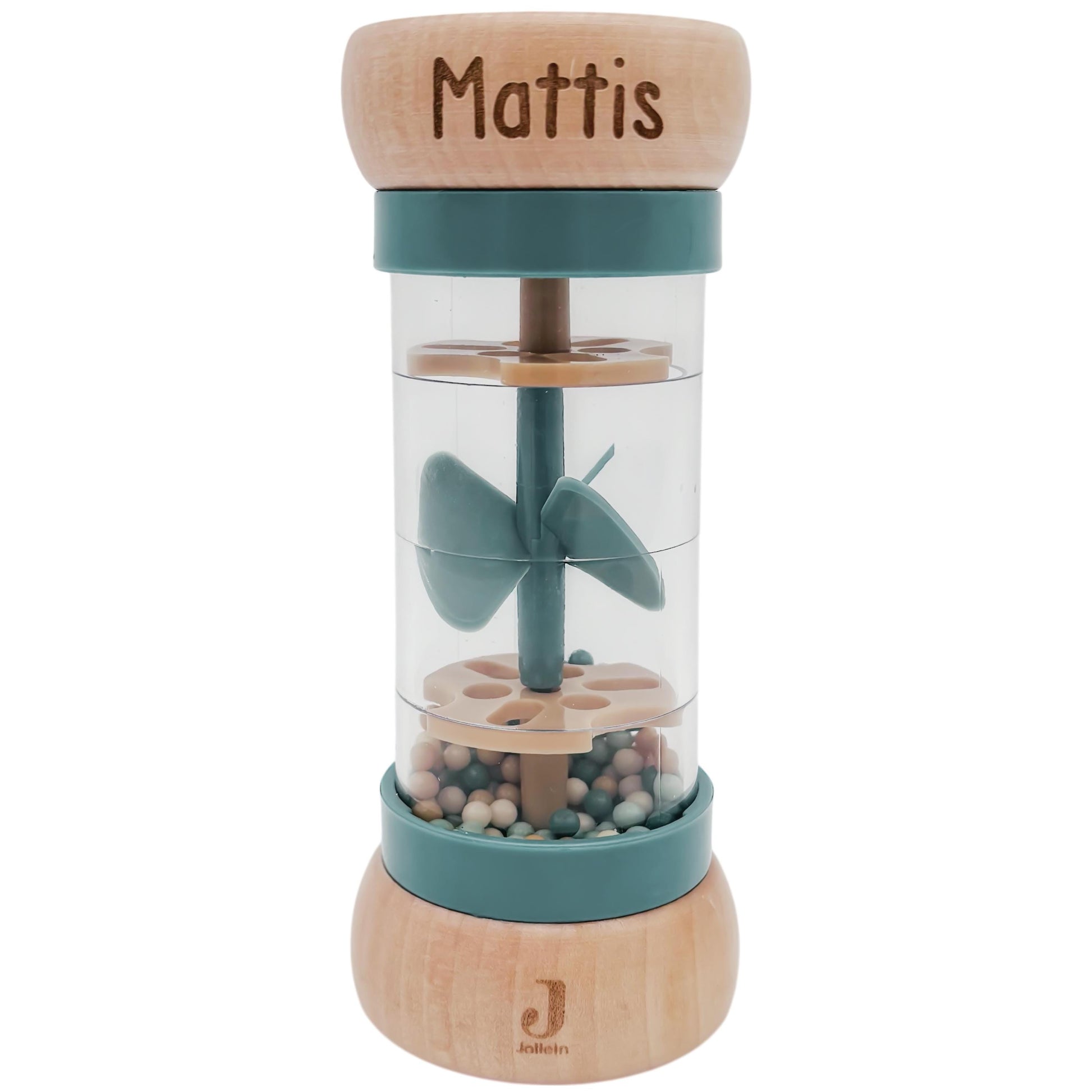 Rassel personalisiert Baby Regenmacher mit Namen Babyspielzeug ab 3 Monate Taufgeschenk für Jungen Babyrassel Geburtsgeschenk (Grün)