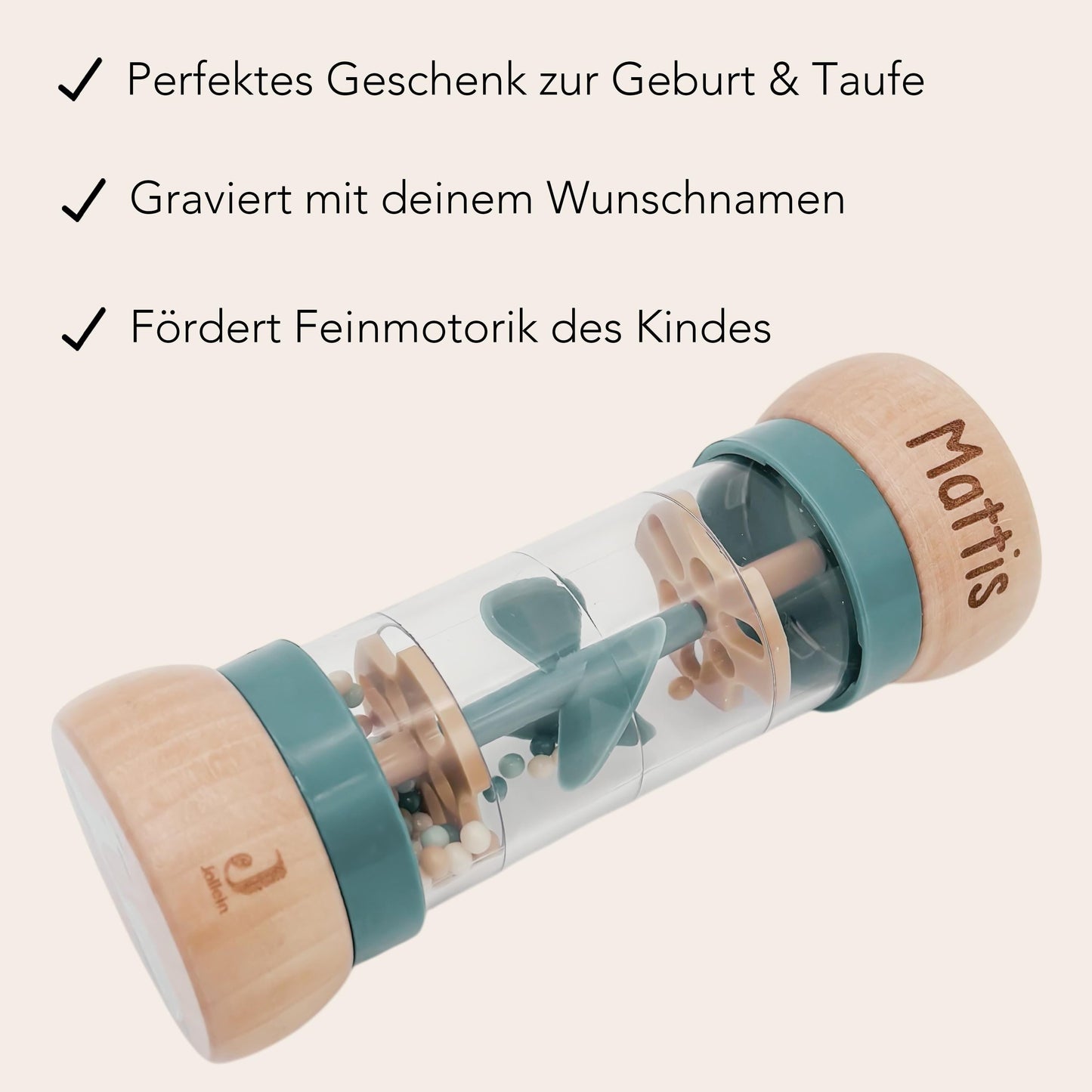 Rassel personalisiert Baby Regenmacher mit Namen Babyspielzeug ab 3 Monate Taufgeschenk für Jungen Babyrassel Geburtsgeschenk (Grün)