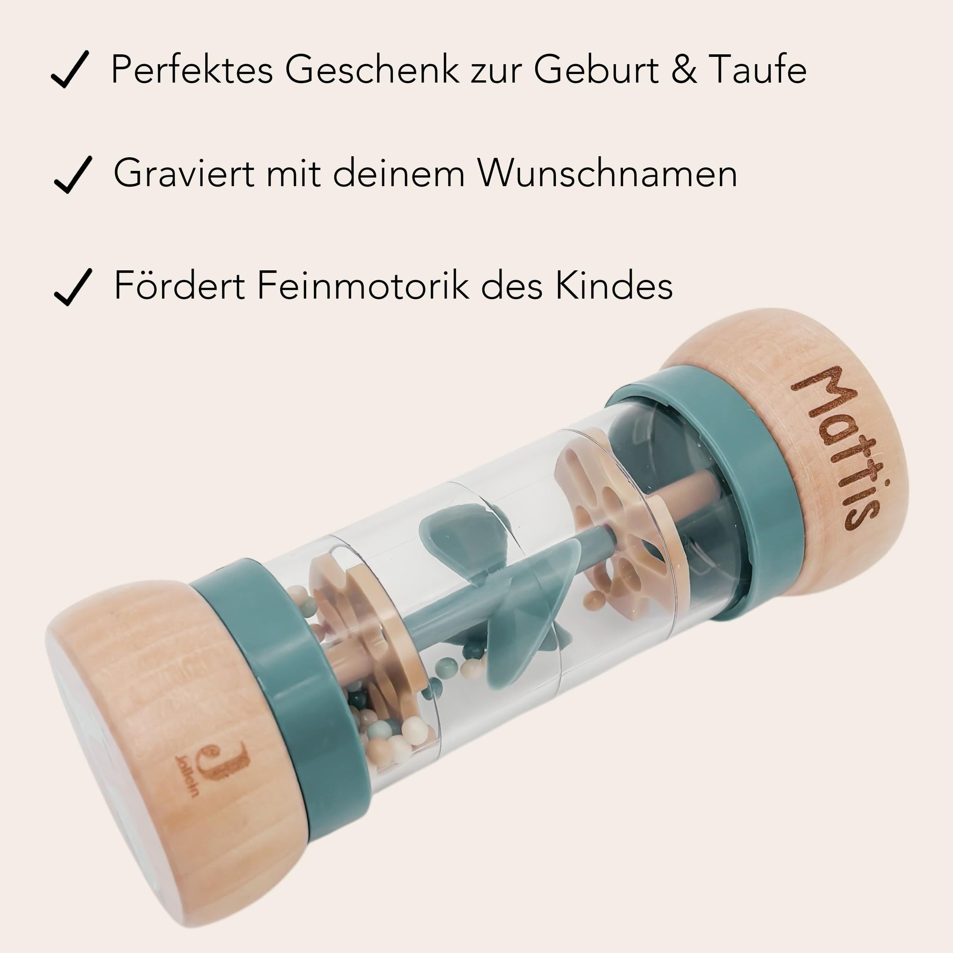 Rassel personalisiert Baby Regenmacher mit Namen Babyspielzeug ab 3 Monate Taufgeschenk für Jungen Babyrassel Geburtsgeschenk (Grün)