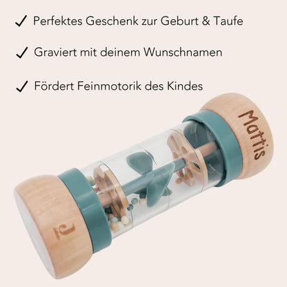 Rassel personalisiert Baby Regenmacher mit Namen Babyspielzeug ab 3 Monate Taufgeschenk für Jungen Babyrassel Geburtsgeschenk (Grün)