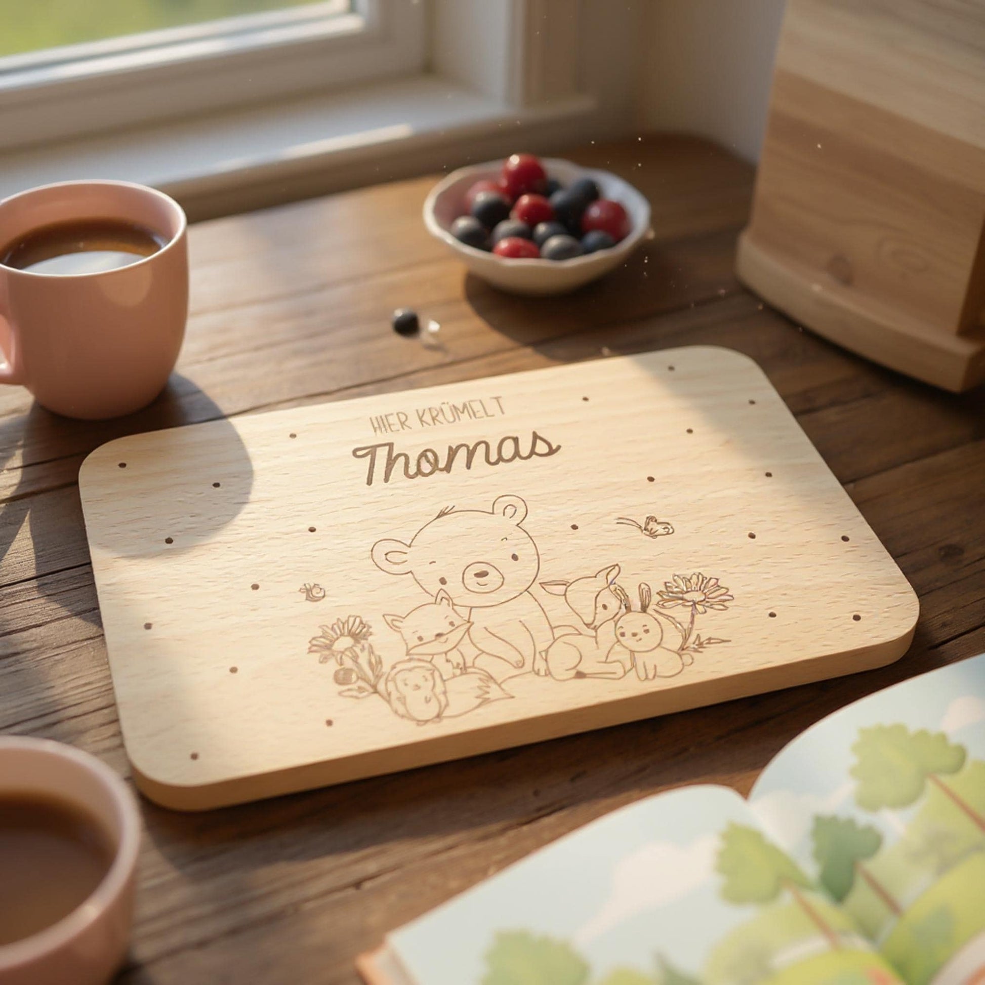 Frühstücksbrettchen personalisiert Hier krümelt Brettchen Holz Holzbrett für Kinder Geschenk Baby Geburtsgeschenk Frühstücksbrett mit Gravur
