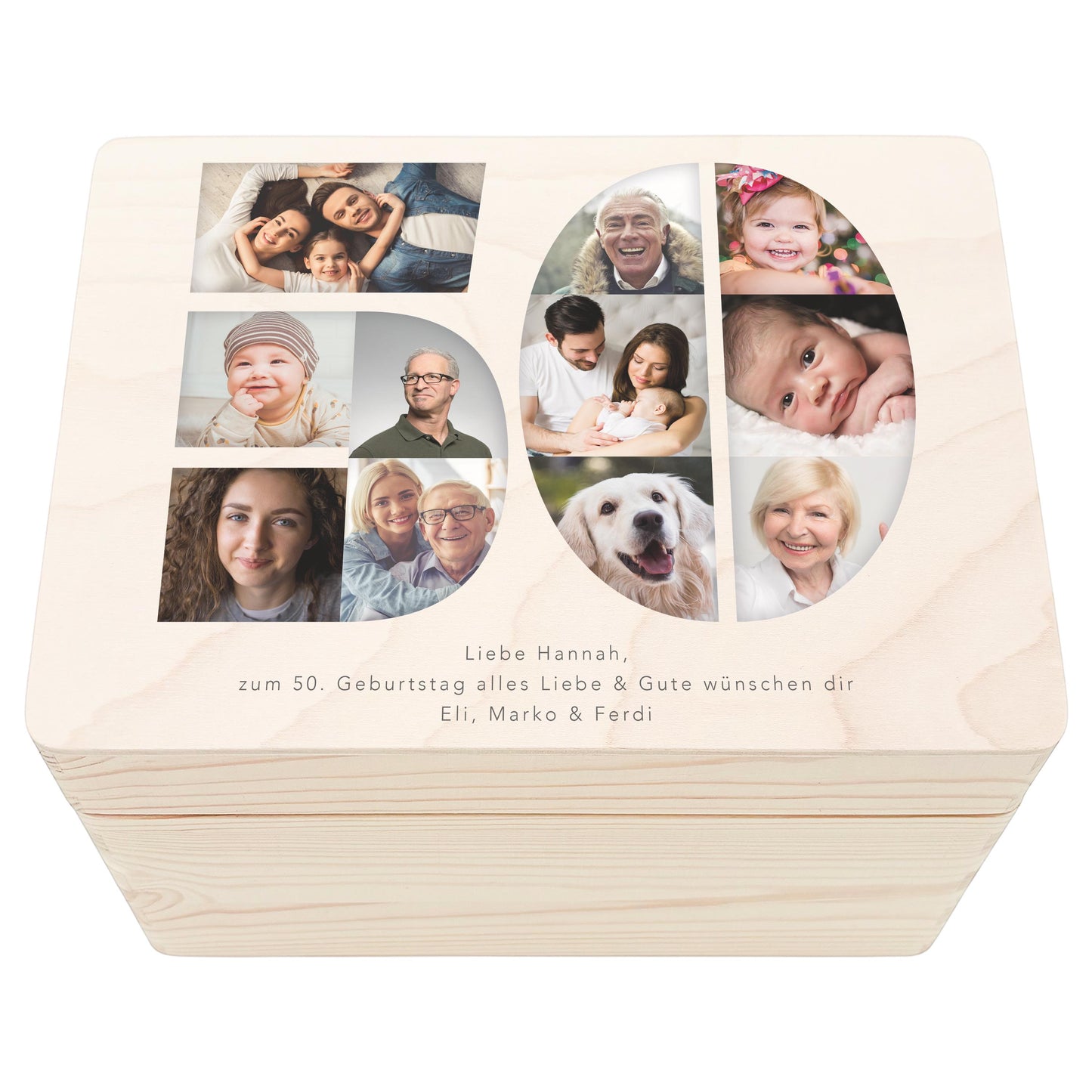 Holzkiste personalisiert 50. Geburtstag Geschenk Holzbox mit Fotocollage Geschenkbox mit Deckel Fotogeschenk Geburtstagsgeschenk 30x20x13 cm