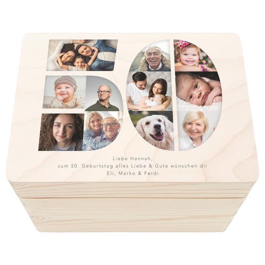 Holzkiste personalisiert 50. Geburtstag Geschenk Holzbox mit Fotocollage Geschenkbox mit Deckel Fotogeschenk Geburtstagsgeschenk 30x20x13 cm