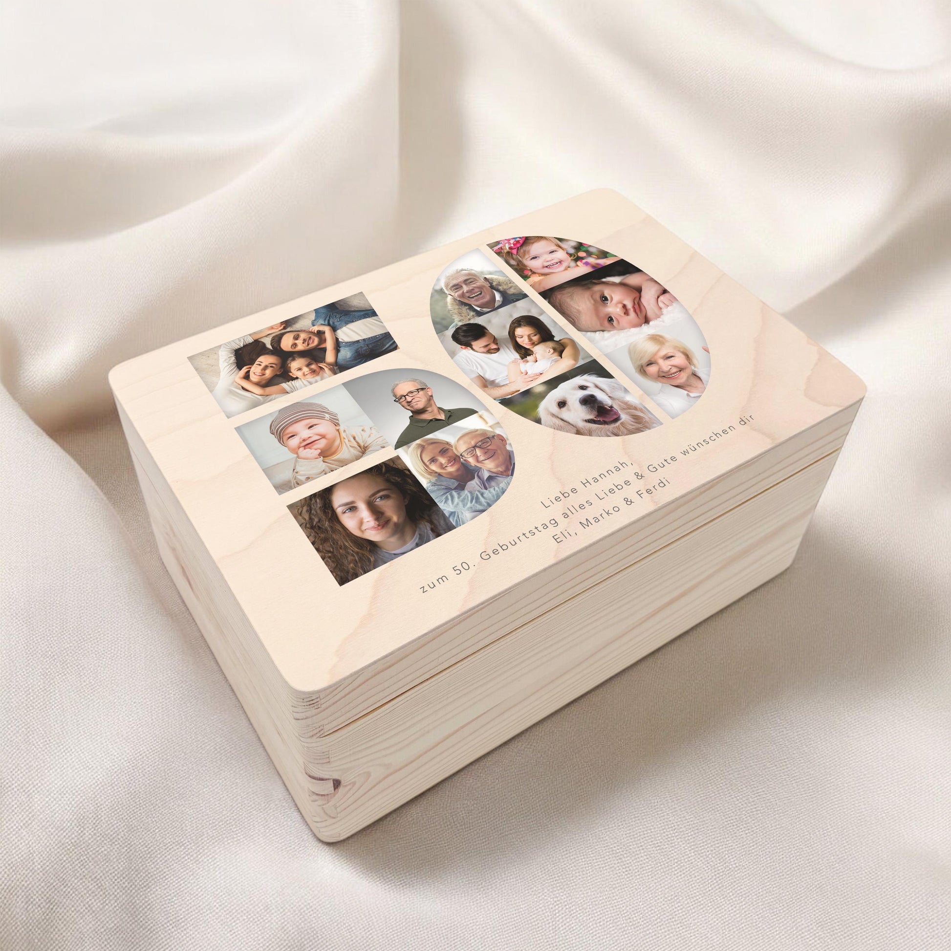 Holzkiste personalisiert 50. Geburtstag Geschenk Holzbox mit Fotocollage Geschenkbox mit Deckel Fotogeschenk Geburtstagsgeschenk 30x20x13 cm