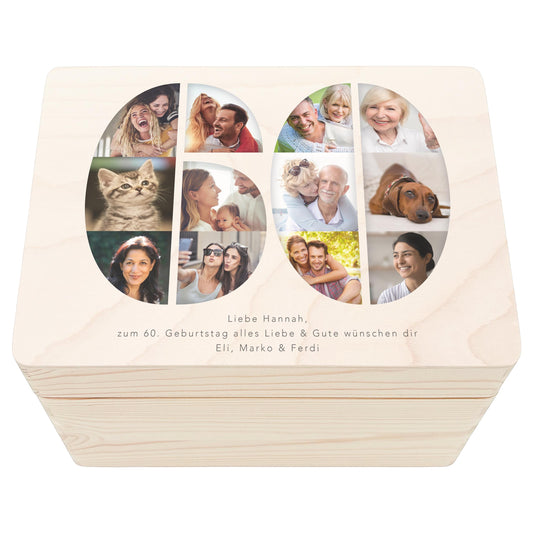 Holzkiste personalisiert 60. Geburtstag Geschenk Holzbox mit Fotocollage Geschenkbox mit Deckel Fotogeschenk Geburtstagsgeschenk 30x20x13 cm