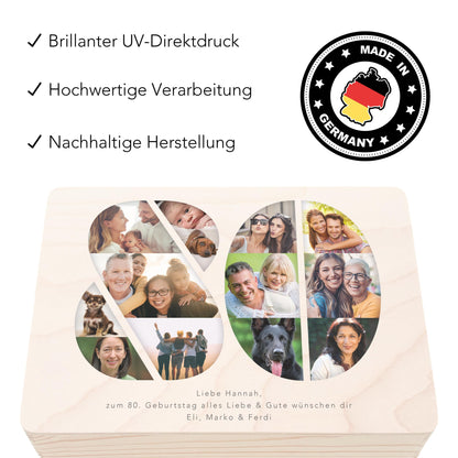 Holzkiste personalisiert 80. Geburtstag Geschenk Holzbox mit Fotocollage Geschenkbox mit Deckel Fotogeschenk Geburtstagsgeschenk 30x20x13 cm