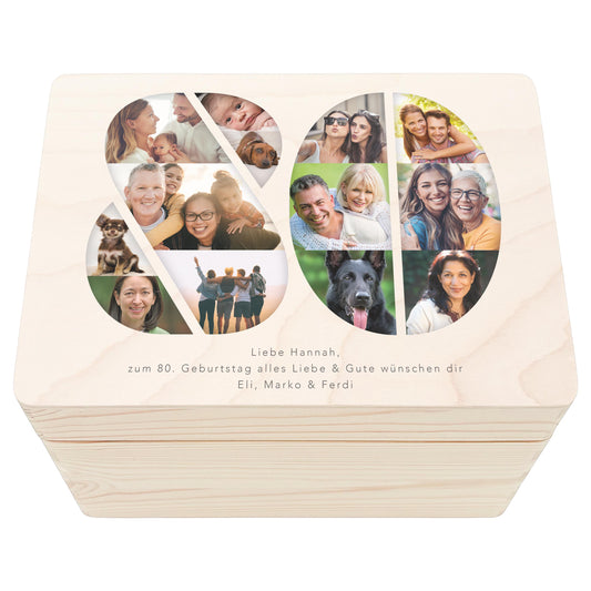 Holzkiste personalisiert 80. Geburtstag Geschenk Holzbox mit Fotocollage Geschenkbox mit Deckel Fotogeschenk Geburtstagsgeschenk 30x20x13 cm