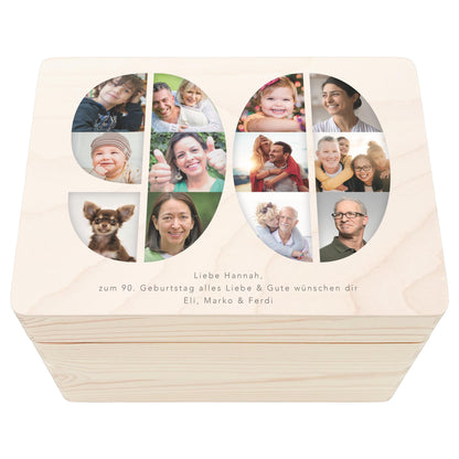 Holzkiste personalisiert 90. Geburtstag Geschenk Holzbox mit Fotocollage Geschenkbox mit Deckel Fotogeschenk Geburtstagsgeschenk 30x20x13 cm