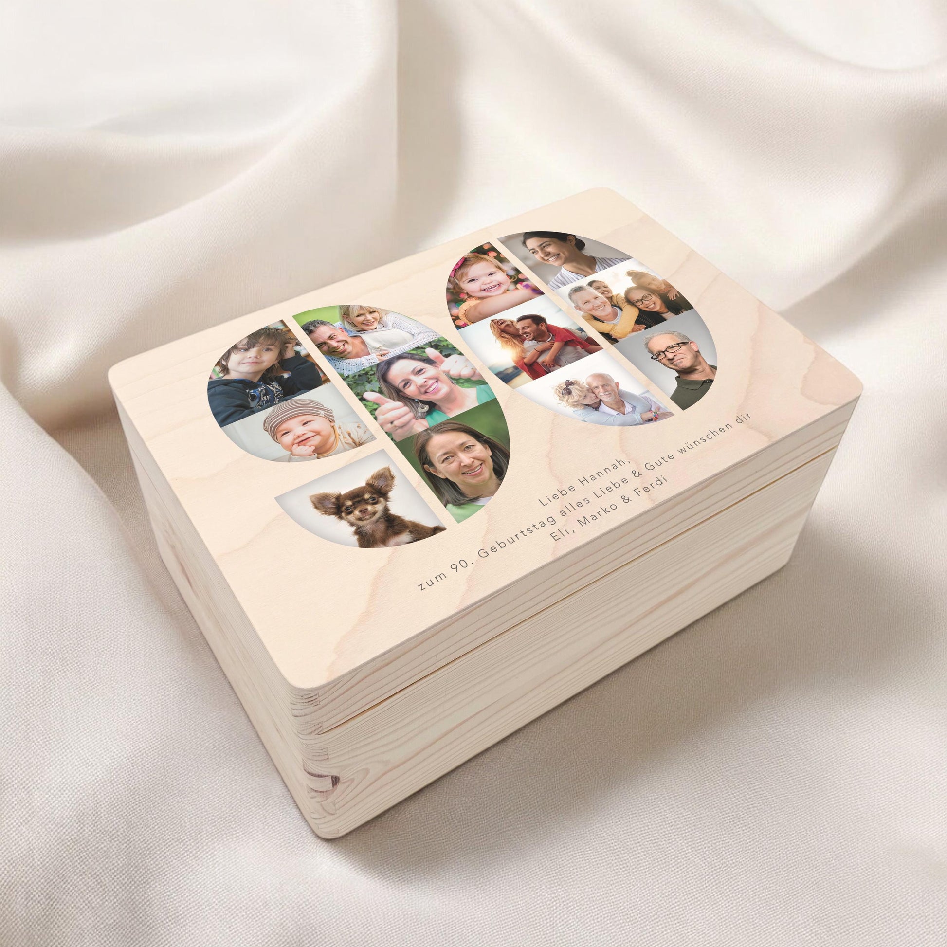Holzkiste personalisiert 90. Geburtstag Geschenk Holzbox mit Fotocollage Geschenkbox mit Deckel Fotogeschenk Geburtstagsgeschenk 30x20x13 cm