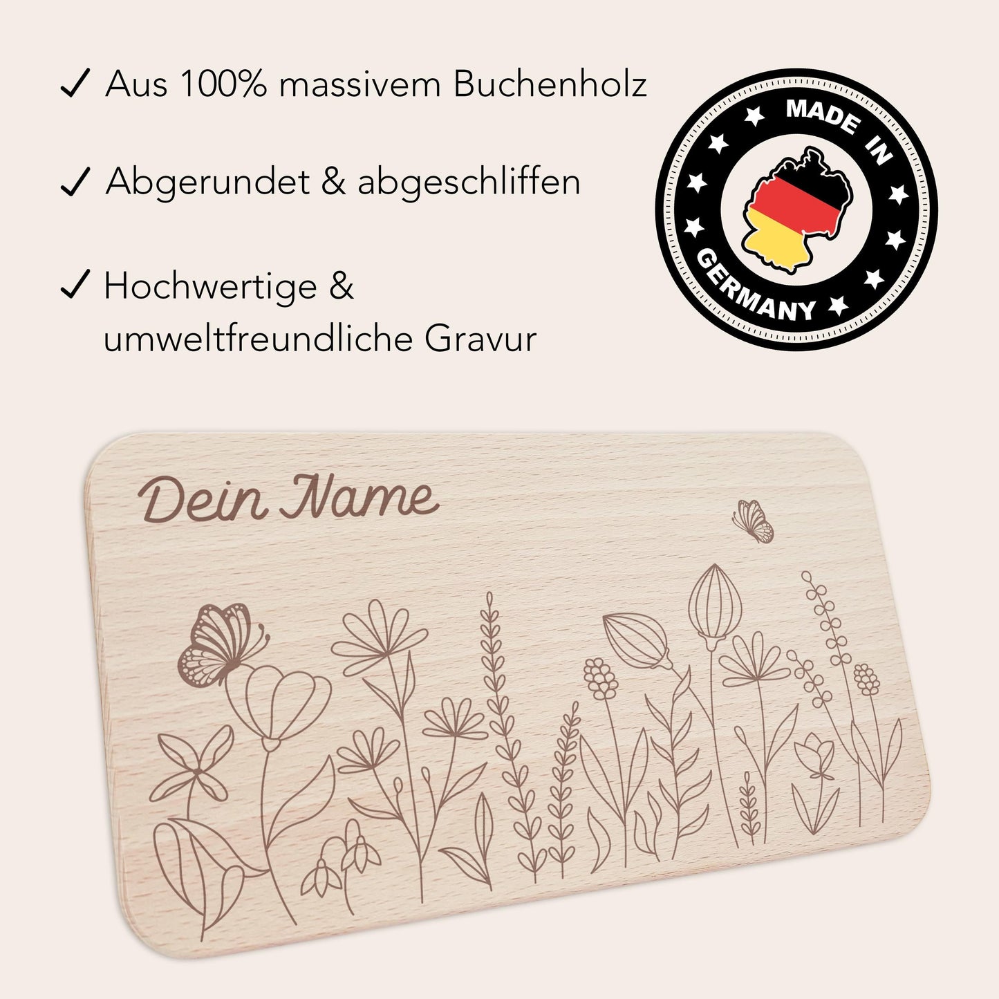 Frühstücksbrettchen Mädchen personalisiert Holzbrett für Kinder Holz Geschenk Baby Wildblumen Holzbrettchen Brettchen Frühstücksbrett