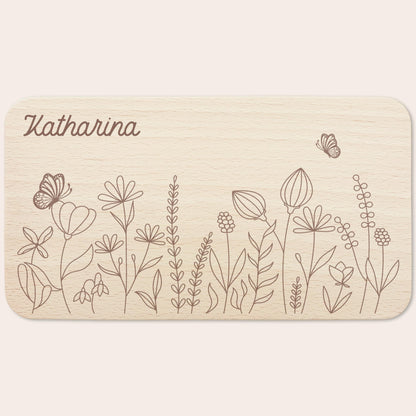 Frühstücksbrettchen Mädchen personalisiert Holzbrett für Kinder Holz Geschenk Baby Wildblumen Holzbrettchen Brettchen Frühstücksbrett