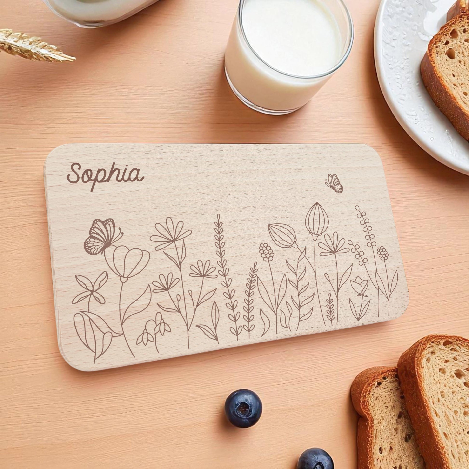 Frühstücksbrettchen Mädchen personalisiert Holzbrett für Kinder Holz Geschenk Baby Wildblumen Holzbrettchen Brettchen Frühstücksbrett