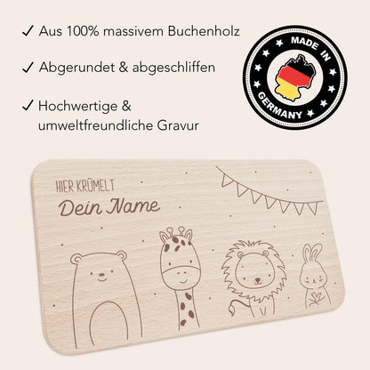 Frühstücksbrettchen personalisiert Hier krümelt Brettchen Holz Holzbrett für Kinder Geschenk Baby Geburtsgeschenk Frühstücksbrett mit Gravur