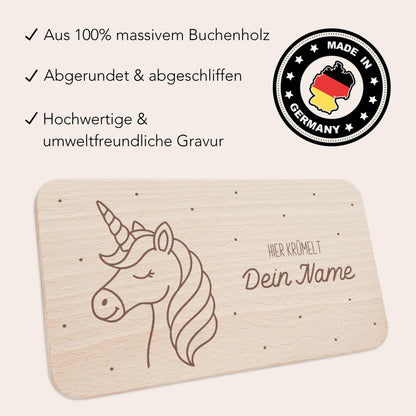 Einhorn Frühstücksbrettchen Holz personalisiert Hier krümelt Holzbrett für Mädchen Geschenk Baby Holzbrettchen Brettchen Frühstücksbrett