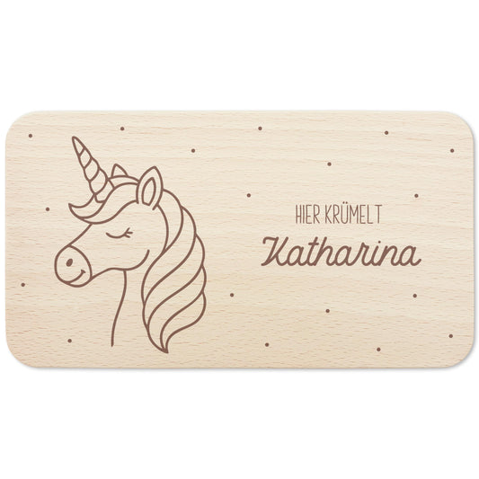 Einhorn Frühstücksbrettchen Holz personalisiert Hier krümelt Holzbrett für Mädchen Geschenk Baby Holzbrettchen Brettchen Frühstücksbrett
