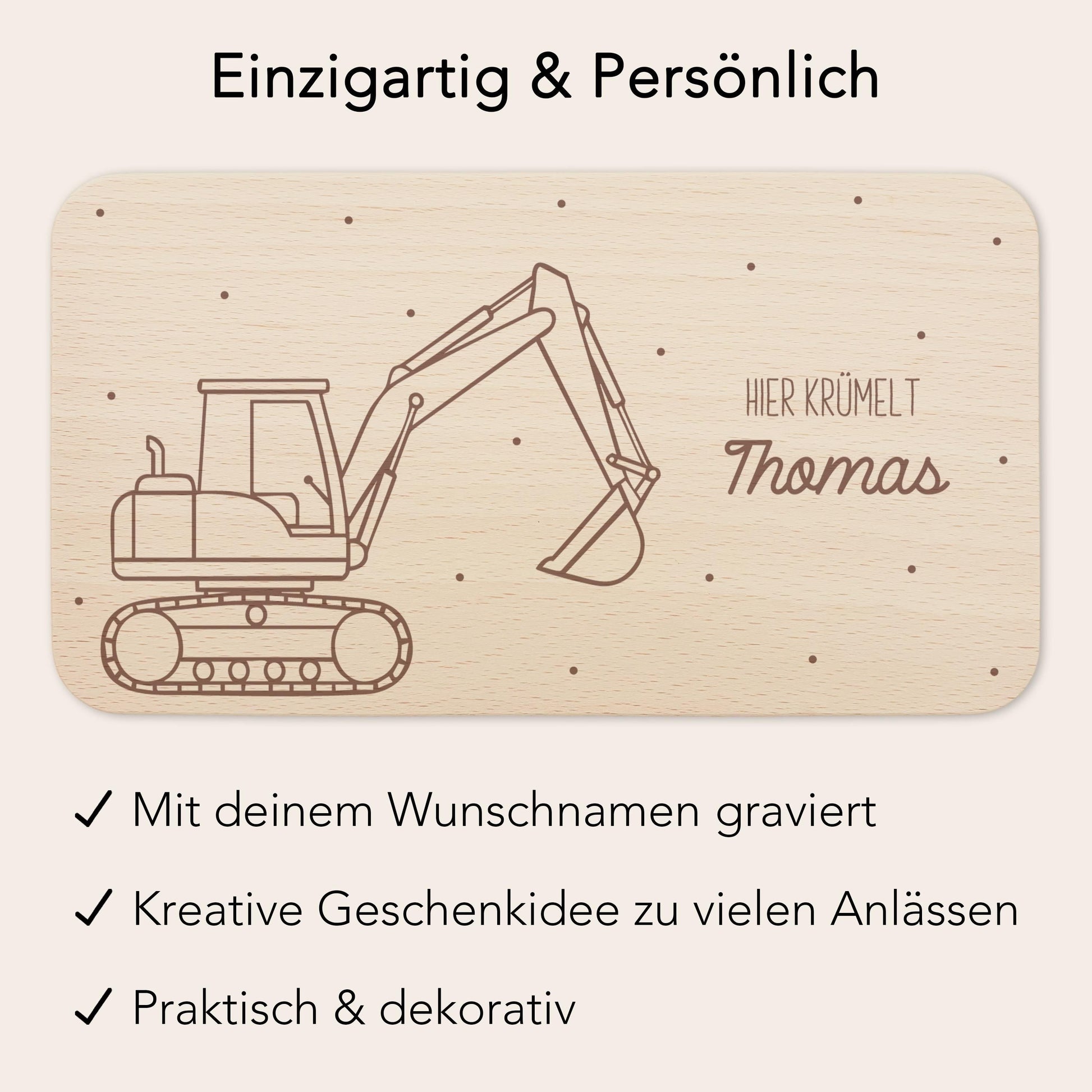 Frühstücksbrettchen Bagger Holz personalisiert Holzbrett für Jungen Geschenk Baby Holzbrettchen Brettchen Frühstücksbrett mit Gravur
