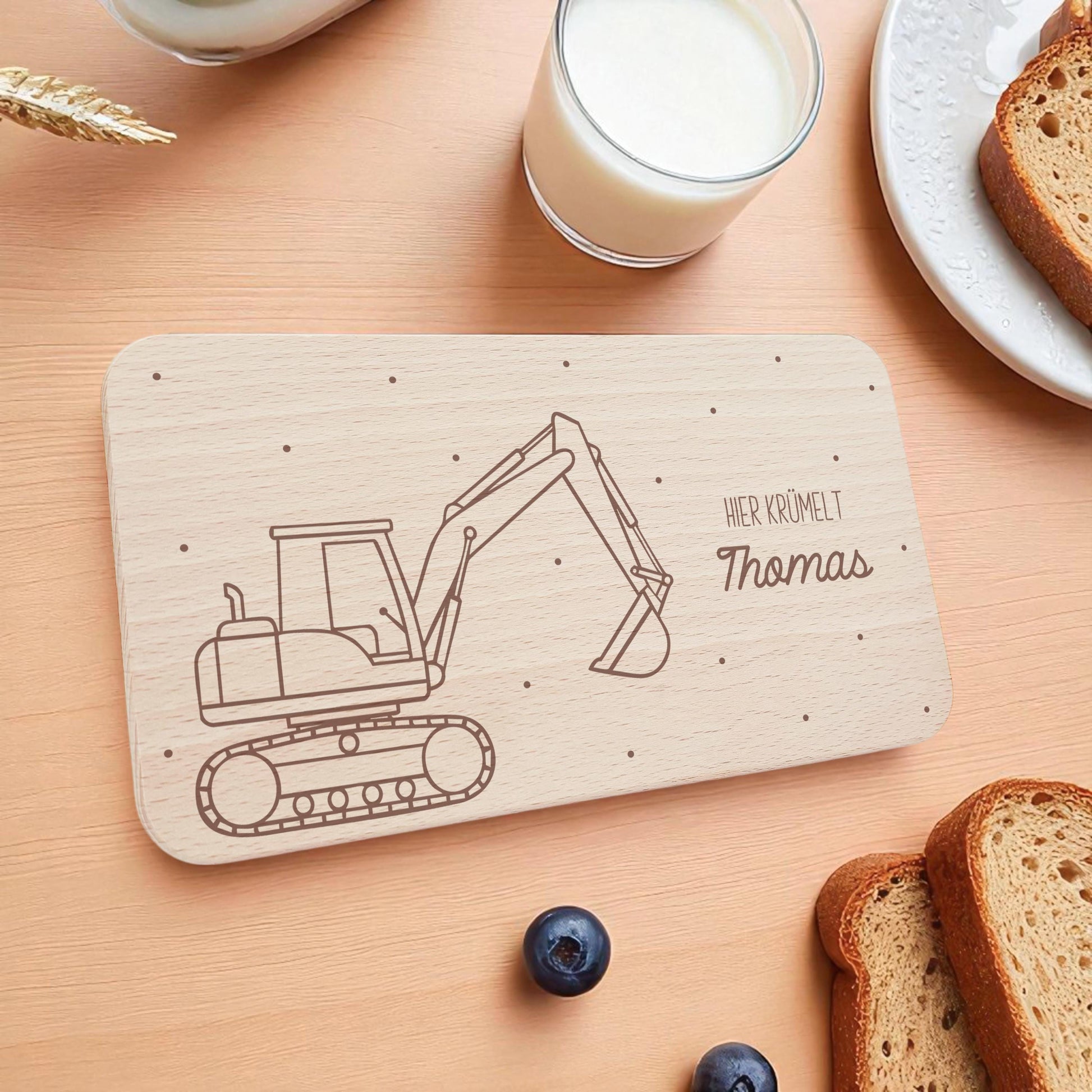 Frühstücksbrettchen Bagger Holz personalisiert Holzbrett für Jungen Geschenk Baby Holzbrettchen Brettchen Frühstücksbrett mit Gravur