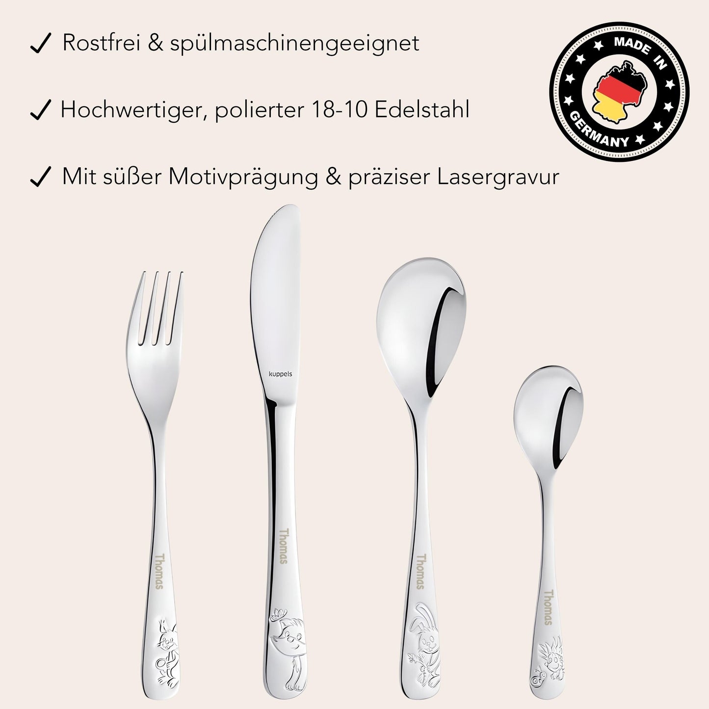 Kinderbesteck mit Gravur personalisiert Kinder Besteck Set ab 3 Jahre Taufgeschenke für Jungen Geschenk Geburtstag Kindergeschirr Waldtiere