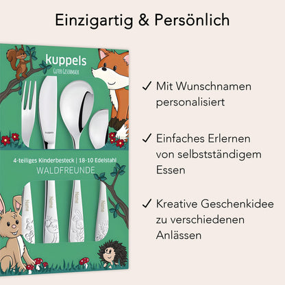 Kinderbesteck mit Gravur personalisiert Kinder Besteck Set ab 3 Jahre Taufgeschenke für Jungen Geschenk Geburtstag Kindergeschirr Waldtiere